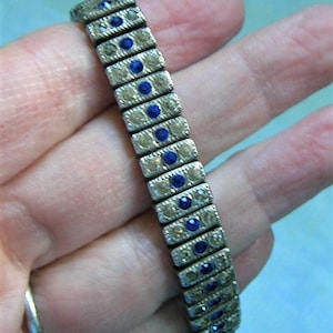 Antique Sterling Rhinestone Deco Bracelet, Sterling Art Deco Bracelet with Clear and Blue Stones, Old Sterling Rhinestone Bracelet 4096 image 1