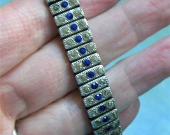 Antique Sterling Rhinestone Deco Bracelet, Sterling Art Deco Bracelet with Clear and Blue Stones, Old Sterling Rhinestone Bracelet (#4096)