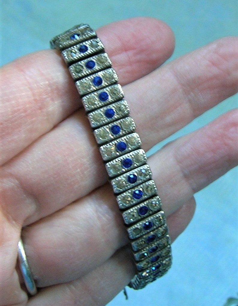 Antique Sterling Rhinestone Deco Bracelet, Sterling Art Deco Bracelet with Clear and Blue Stones, Old Sterling Rhinestone Bracelet 4096 image 1