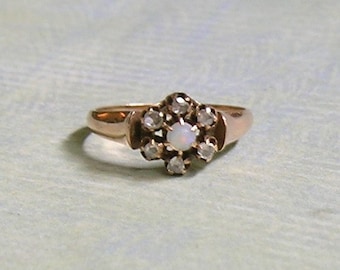 Antique Victorian 14K Yellow Gold Diamond and Opal Ring, Old Victorian Ring With Diamonds, Victorian Flower Ring (#4397)