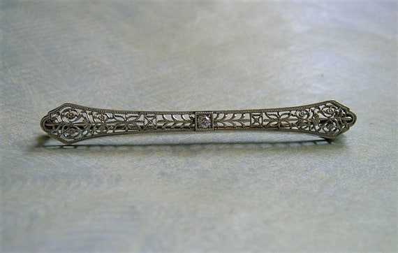 Antique Edwardian 14k White Gold and Diamond Bar … - image 7