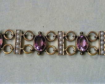 Vintage Victorian Revival Bracelet with Amethyst Glass and Pearls, Old Vintage Purple Glass Bracelet, Old Pearl Bracelet (#4209)