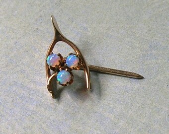 Antique 10K Gold Wishbone Stick Pin With Opals, Gold Wishbone Stick Pin With Opals, 10K Gold Wishbone Lapel Pin (#4372)