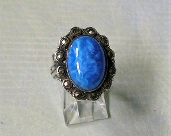Vintage Art Deco Sterling Silver, Blue Glass and Marcasite Ring - 1930s Size 4 1/2 Art Deco Cocktail Ring, Art Deco Ring (#3718)