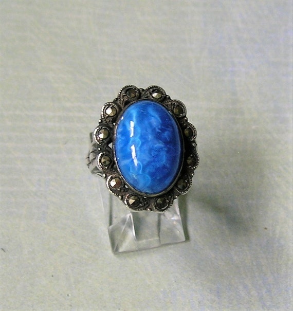 Vintage Art Deco Sterling Silver, Blue Glass and … - image 1