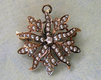 Antique 14K Gold And Seed Pearl Starburst Brooch Pin, Old Seed Pearl and Diamond Starburst Pin Brooch, 14k Gold Watch Pin, Wedding Jewelry