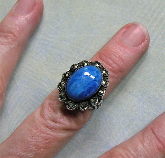 Vintage Art Deco Sterling Silver, Blue Glass and … - image 6