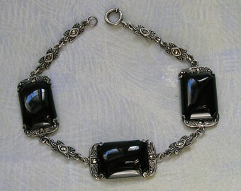 Antique Art Deco Sterling Marcasite and Onyx Bracelet, Vintage Sterling Art Deco Bracelet, Old Sterling Marcasite Bracelet (#5085)