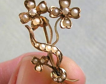 Antique Victorian 14K Gold Brooch Pin With Seed Pearls, Antique Gold Flower Pin, 14K Gold and Half Pearl Flower Pin (#4710)