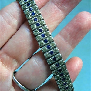 Antique Sterling Rhinestone Deco Bracelet, Sterling Art Deco Bracelet with Clear and Blue Stones, Old Sterling Rhinestone Bracelet 4096 image 3