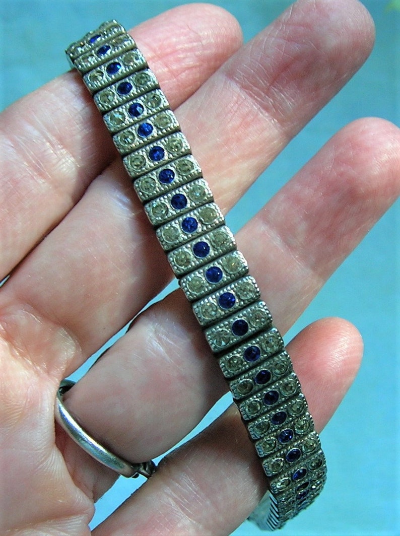 Antique Sterling Rhinestone Deco Bracelet, Sterling Art Deco Bracelet with Clear and Blue Stones, Old Sterling Rhinestone Bracelet 4096 image 3