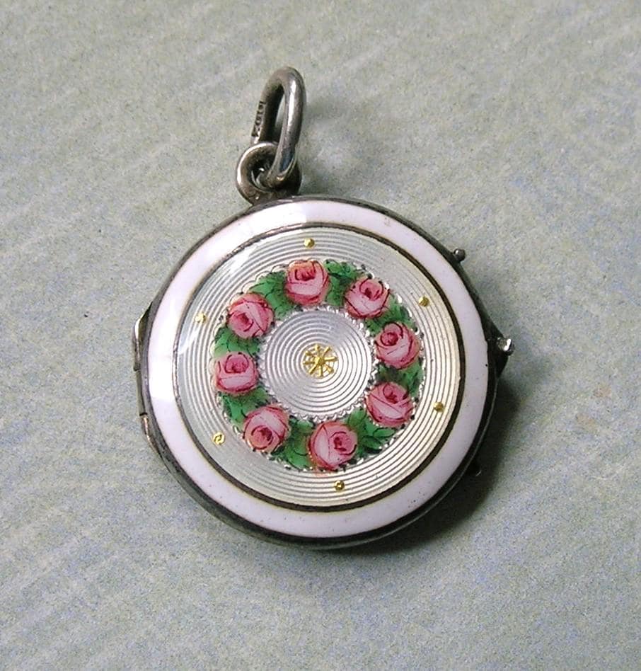 Antique Silver 1920's Guilloche Enamel Locket, Sterling Enamel Locket With Pink Roses, Silver Enamel Locket (#4791)