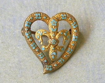 Broche antiguo de oro de 14 quilates estilo eduardiano con corazón y esmalte, broche antiguo de esmalte, broche de oro de 14 quilates con corazón y flor de lis, broche eduardiano (#4978)