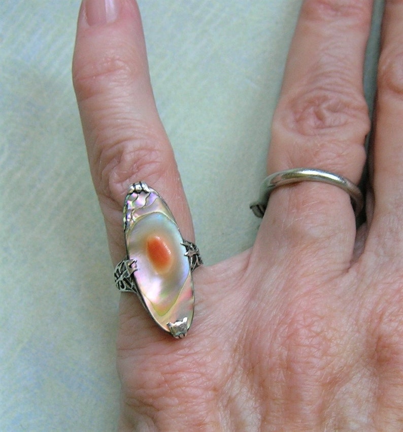 Antique Sterling Abalone Blister Pearl Ring, Vintage Sterling Silver Blister Pearl Ring, Cocktail Ring 4050 image 2