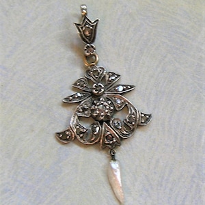 Antique Edwardian Sterling Silver and Diamond Lavaliere Pendant, Antique Diamond Lavalier Pendant, Antique Diamond Pendant (#4028)