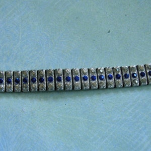 Antique Sterling Rhinestone Deco Bracelet, Sterling Art Deco Bracelet with Clear and Blue Stones, Old Sterling Rhinestone Bracelet 4096 image 2