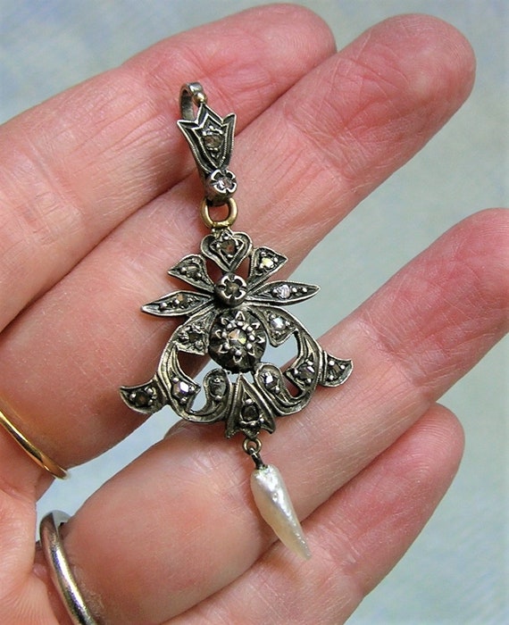 Antique Edwardian Sterling Silver and Diamond Lavaliere Pendant, Antique Diamond Lavalier Pendant, Antique Diamond Pendant (#4028)