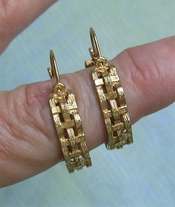 Vintage 14K Gold Basket Weave Hoop Earrings, Old … - image 2