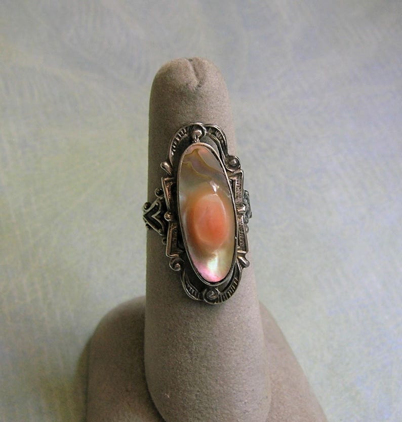 Antique Sterling Abalone Blister Pearl Ring, Vintage Sterling Silver Blister Pearl Ring, Cocktail Ring 4050 image 1
