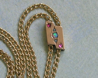 Antique Victorian Gold Filled Slide Chain With an Opal, Seed Pearls and Pink Stones Slide, GF Watch Chain With Gold Filled Slide (#4390)