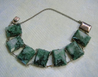 Antique Art Deco Silver Nephrite Jade Bracelet, 1930's Silver Jade Bracelet, Siler and Jade Geometric Bracelet (#4395)