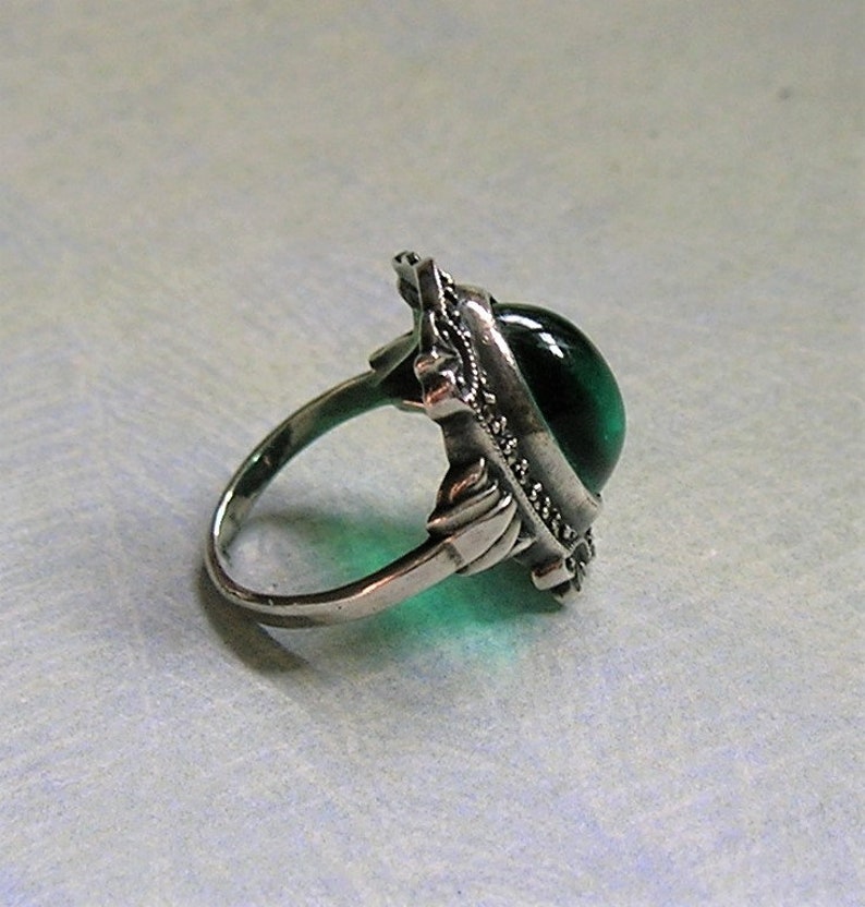 Green Glass and Marcasite Ring Art Deco Ring #3808 1930s Size 6 Art Deco Cocktail Ring Vintage Art Deco Sterling Silver
