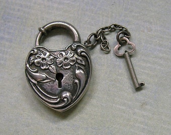 Large Vintage Sterling Walter Lampl Padlock Clasp, Old Padlock Heart Clasp, Old Sterling Heart Clasp (#4361)