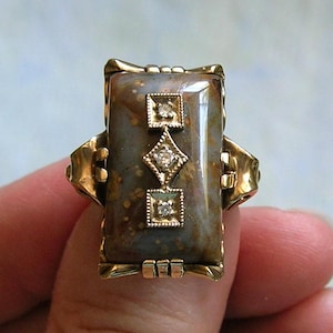 Vintage 10k Yellow Gold, Agate & Diamond Ring - 1930s Size 4 3/4 Rectangular Shaped Statement Ring, Art Deco Agate Ring (#4666)
