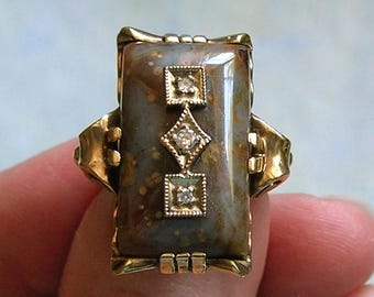 Vintage 10k Yellow Gold, Agate & Diamond Ring - 1930s Size 4 3/4 Rectangular Shaped Statement Ring, Art Deco Agate Ring (#4666)