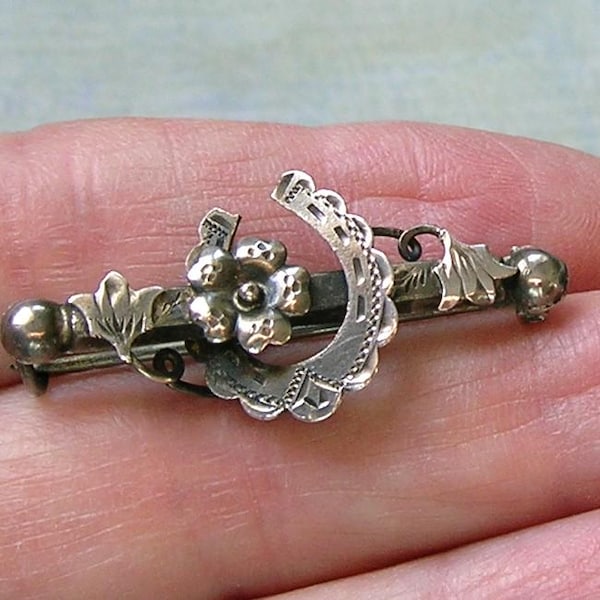 Broche vintage inglés de plata de ley con forma de herradura y flor, broche vintage de herradura, broche inglés antiguo de plata de ley, broche de buena suerte n.° 4736