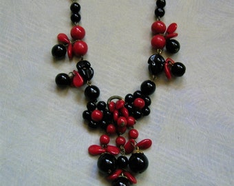 Vintage West Germany Beaded Necklace With Red and Black Glass Beads, West Germany Beaded Necklace (#4031)