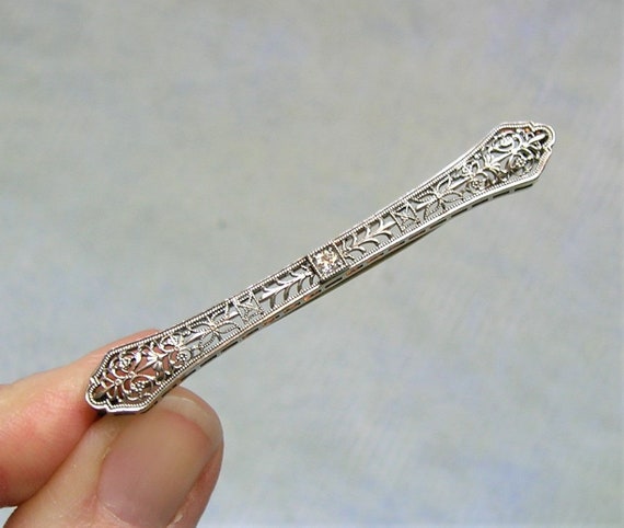 Antique Edwardian 14k White Gold and Diamond Bar … - image 2