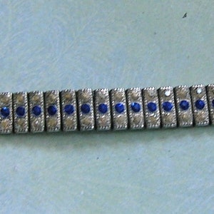 Antique Sterling Rhinestone Deco Bracelet, Sterling Art Deco Bracelet with Clear and Blue Stones, Old Sterling Rhinestone Bracelet 4096 image 6