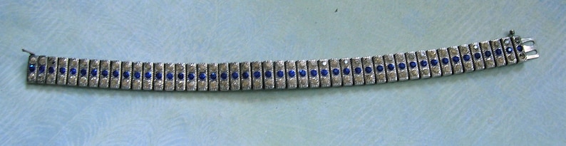 Antique Sterling Rhinestone Deco Bracelet, Sterling Art Deco Bracelet with Clear and Blue Stones, Old Sterling Rhinestone Bracelet 4096 image 6