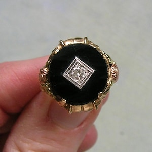 Vintage 10k Gold, Black Onyx and Diamond 1930&#39;s Ring; Vintage Tri-Color Gold Deco Ring, Art Deco Ring, Size 5 3/4 (#4511)