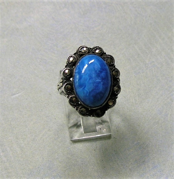 Vintage Art Deco Sterling Silver, Blue Glass and … - image 2