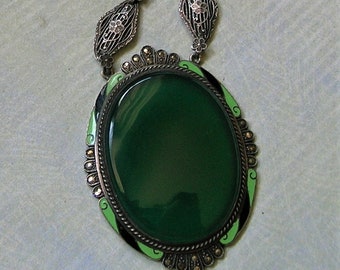 Antique 1930's Art Deco Sterling Marcasite Chrysoprase Necklace, Art Deco Sterling Enamel Necklace, Deco Sterling Marcasite Necklace (#4227)