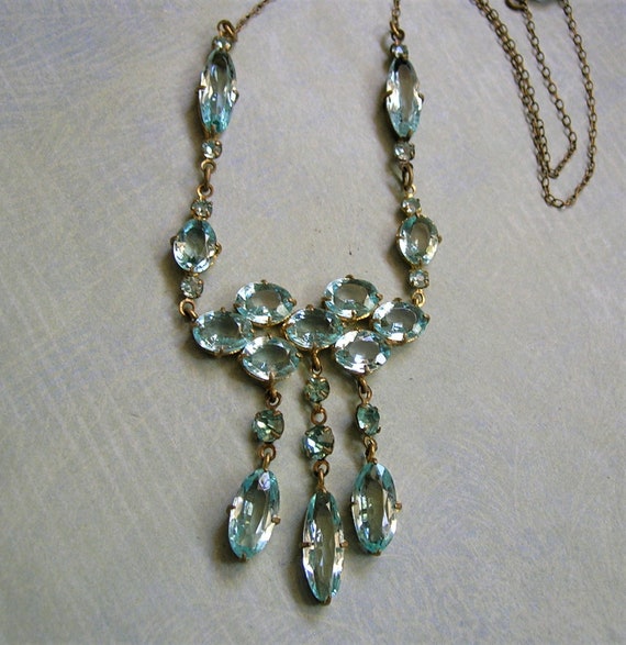Antique Edwardian Brass and Blue Glass Necklace, O