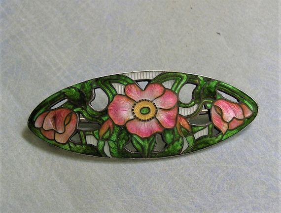 Large Antique English Sterling Enamel Pin Brooch, Sterling Enamel Nouveau Pin, Old Sterling Pin, Enamel Flower Pin