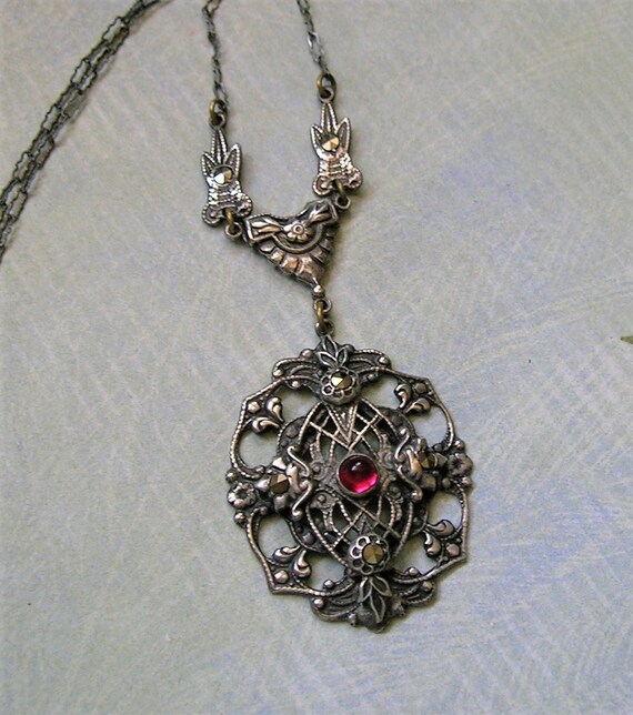 Antique Edwardian Sterling Marcasite Necklace, Ant