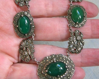 Antique 1930's Art Deco Sterling Marcasite Necklace, Art Deco Necklace, Sterling Marcasite Necklace With Green Chalcedony Stones  (#4360)