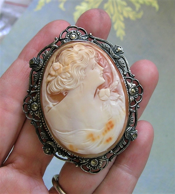 Antique Edwardian Sterling Marcasite Cameo Brooch 