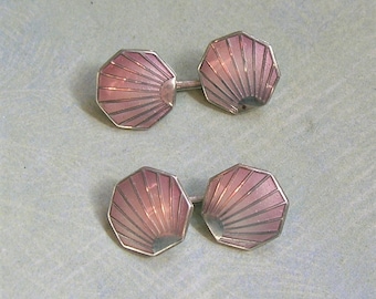 Vintage English Deakin and Francis Sterling Enamel Cuff Links, Old Cufflinks, Sterling Enamel Seashell Cufflinks (#3989)