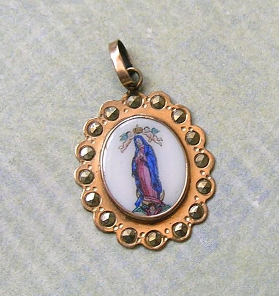 Vintage 10K Gold and Marcasite Religious Medal Pendant, Religious Porcelain Medal With Mary, 10K Gold Religious Mary Medal (#4841)