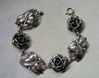 Vintage Sterling Rose and Leaf Bracelet, 1940's Sterling Bracelet With Leaves and Roses, Vintage Sterling Bracelet (#3792)