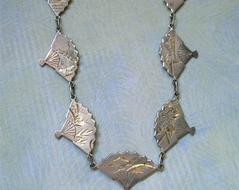 Vintage Japan Silver Fan Necklace and Bracelet Set, Old Japan Silver Fan Bracelet and Necklace (#3920)
