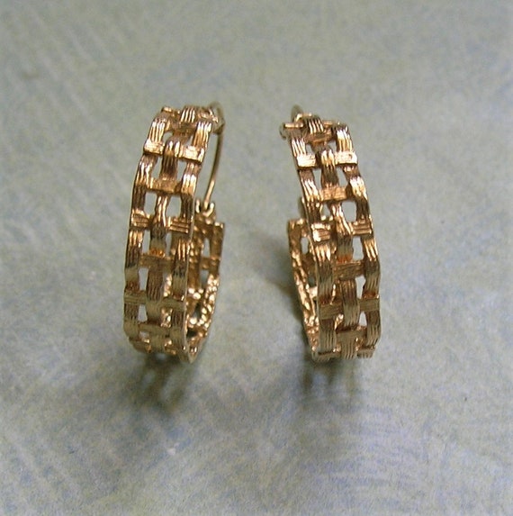 Vintage 14K Gold Basket Weave Hoop Earrings, Old … - image 3