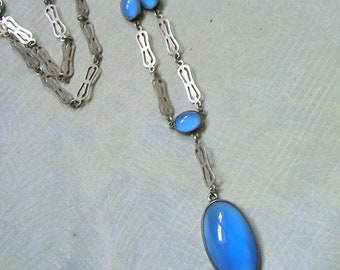 Antique Sterling Art Deco Necklace With Blue Glass Cabochons, Antique Art Deco Necklace, Old Sterling Y Necklace(#4402)