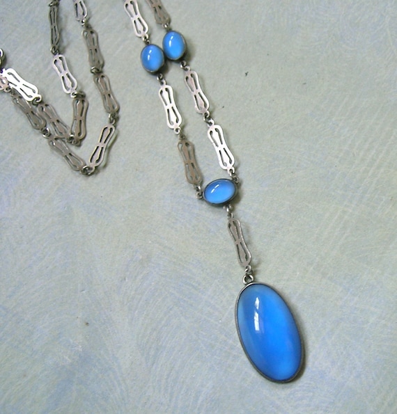 Antique Sterling Art Deco Necklace With Blue Glass