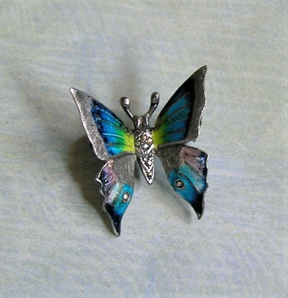 Vintage Sterling Enamel and Marcasite Butterfly Br